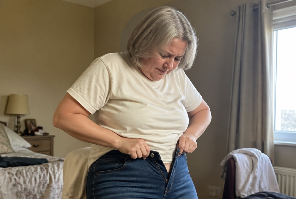 A woman over 50 struggling to button her jeans at the waist