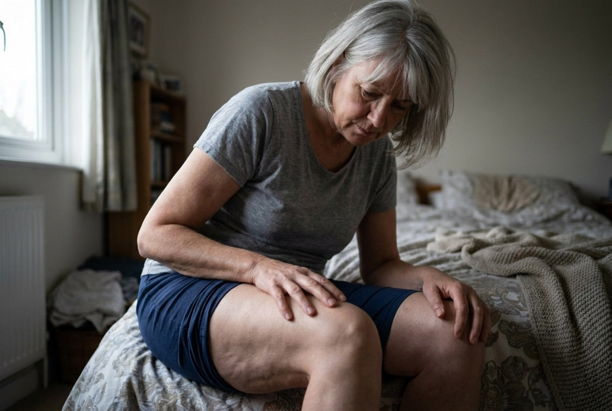 A woman over 50 sitting on her bed, looking at the cellulite on her thigh