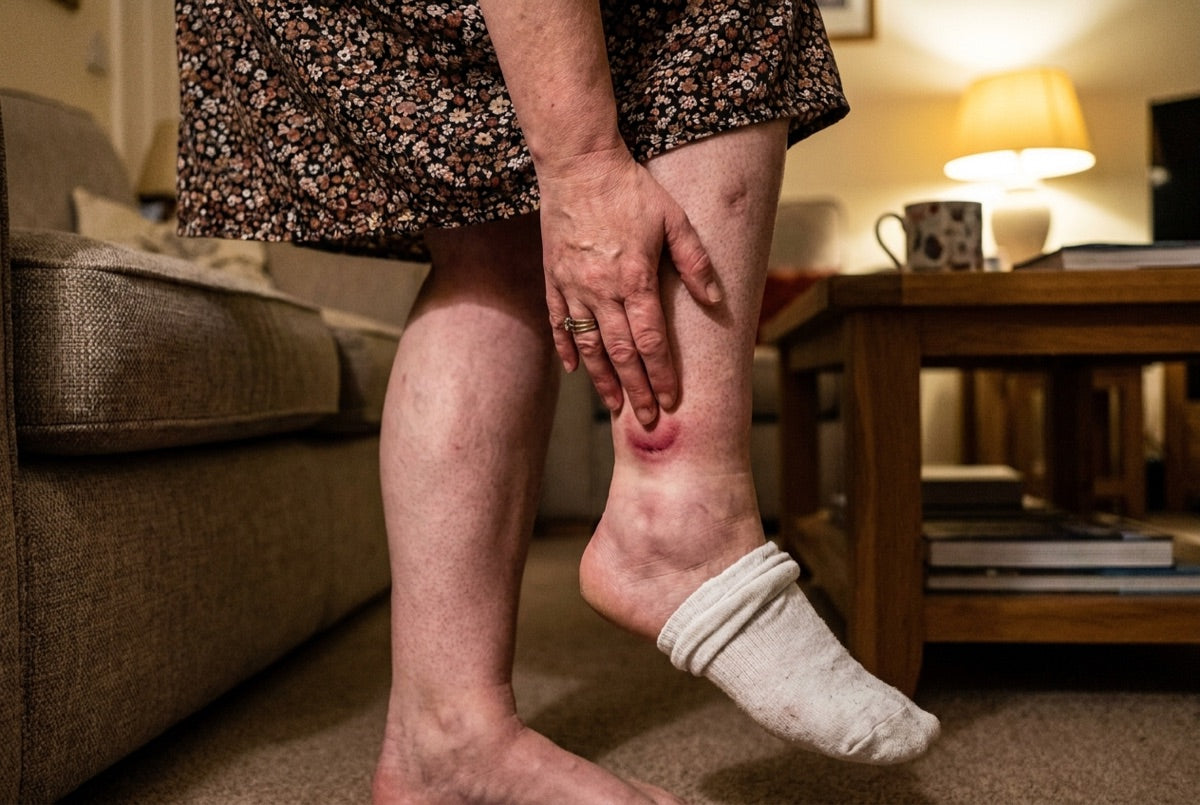 Sock marks and swelling on the lower leg of a woman over 50 in the evening