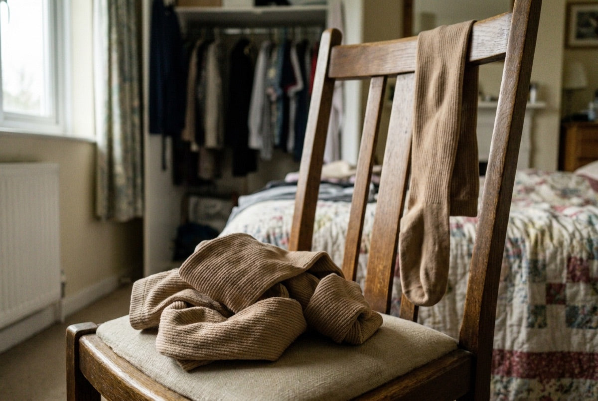 Compression tights draped over a bedroom chair