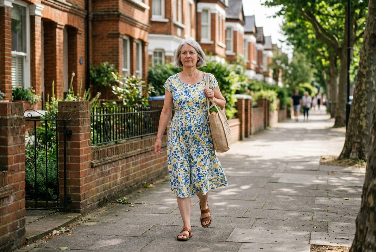 A confident woman over 50 walking down a sunny UK street in a summer dress