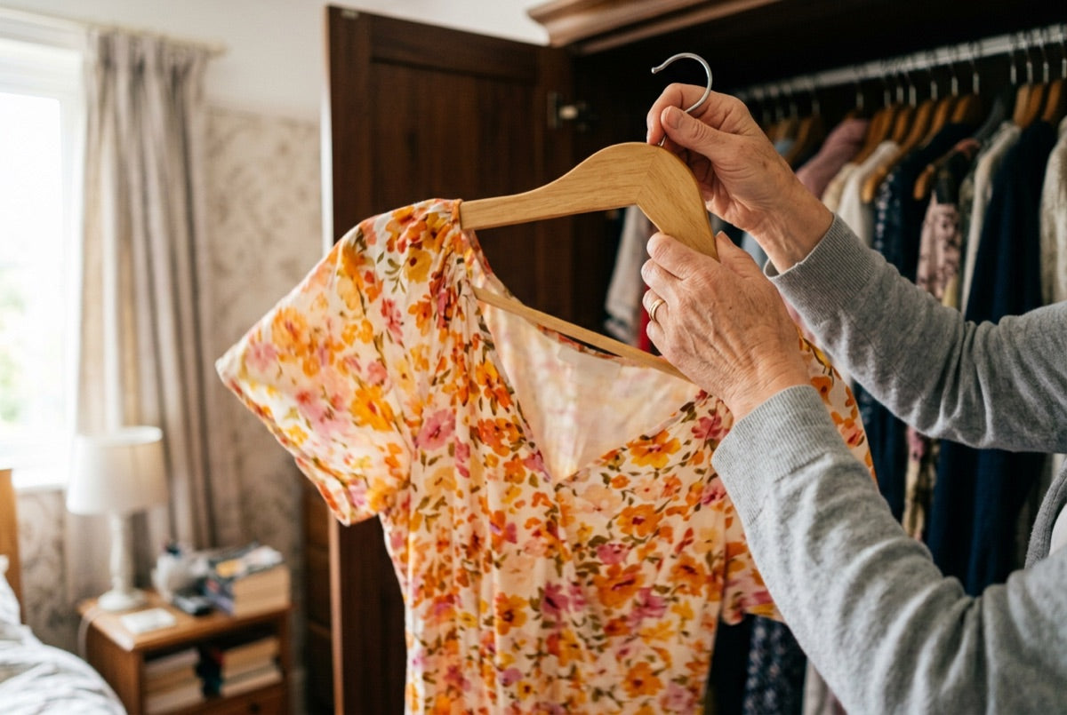 A woman over 50 taking a floral summer dress off the hanger from her wardrobe